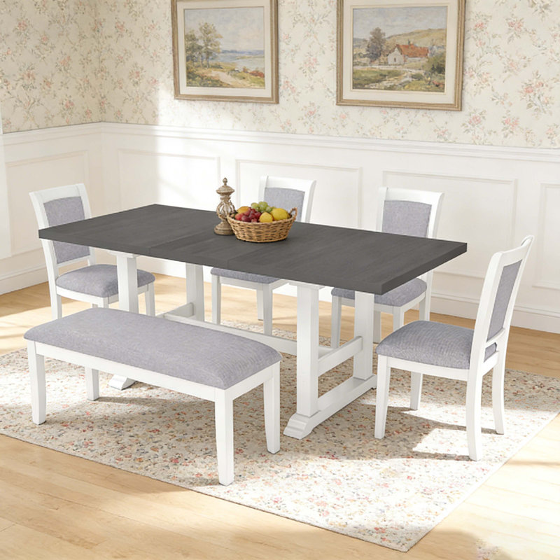 Ensemble de table de salle à manger à tréteaux 6 pièces avec rallonge amovible de 17,7 po, chaises et banc rembourrés, blanc et gris