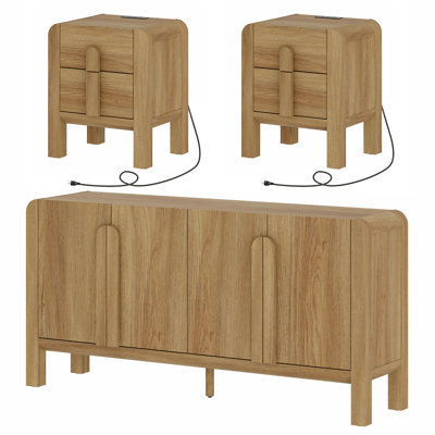 Adora Mid Century Dresser And Nightstand Sets For Bedroom, 3 Pcs Bedroom Set,Night Stand Set Of 2, Modern Dresser With Curved Profile Design, Wooden Chest Of Drawers Storage Cabinet Set
