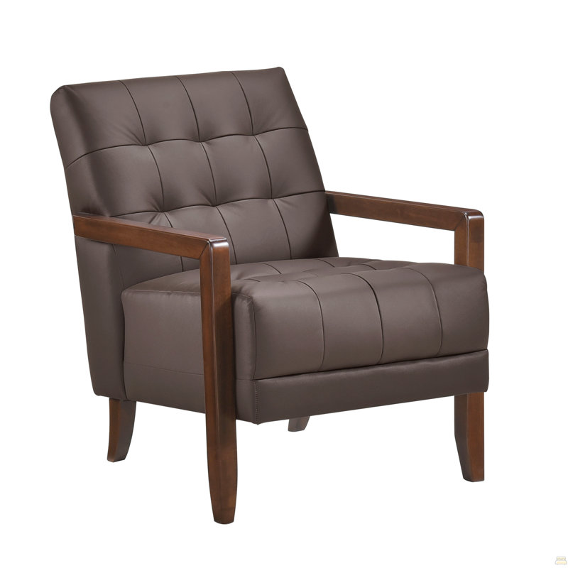 Chaise d'appoint en cuir de style moderne et capitonnée avec détails en bois et finition noyer, Marron foncé