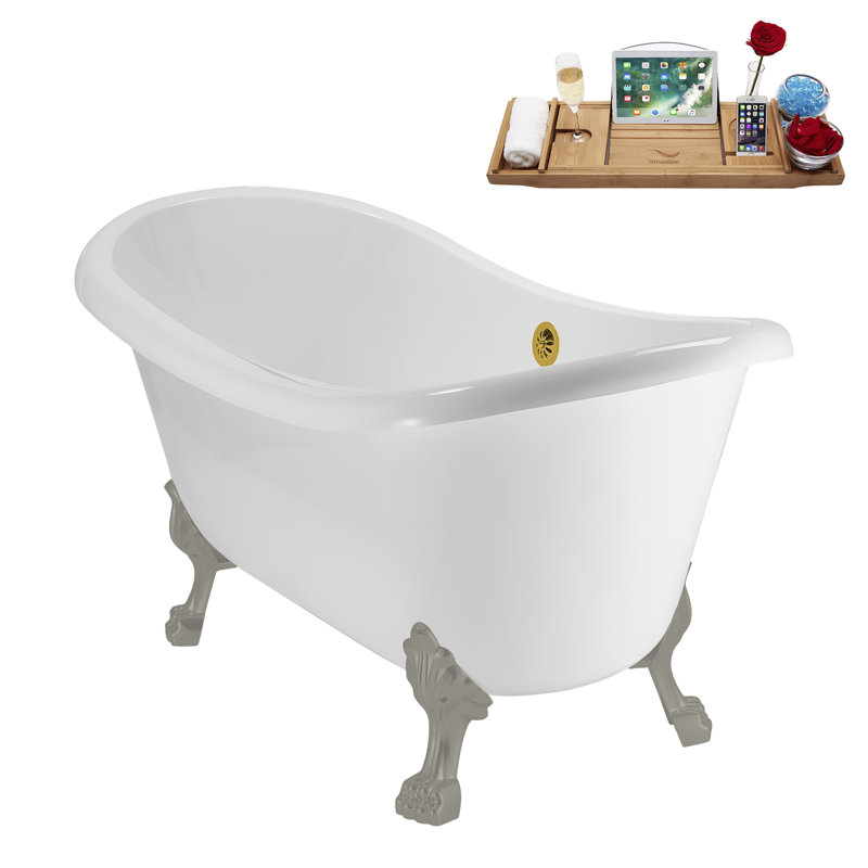 59" Streamline Clawfoot Tub,Tray,Drain, Clawfeet, Brushed Gun Metal, Polished Gold