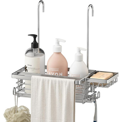 Hanging Shower Caddy – Silver – 304 Stainless Steel Bathroom Organizer With Towel Bar, Hooks & Soap Holder, Over Shower Rod Or Glass Panel, 1-Pack Rustproof