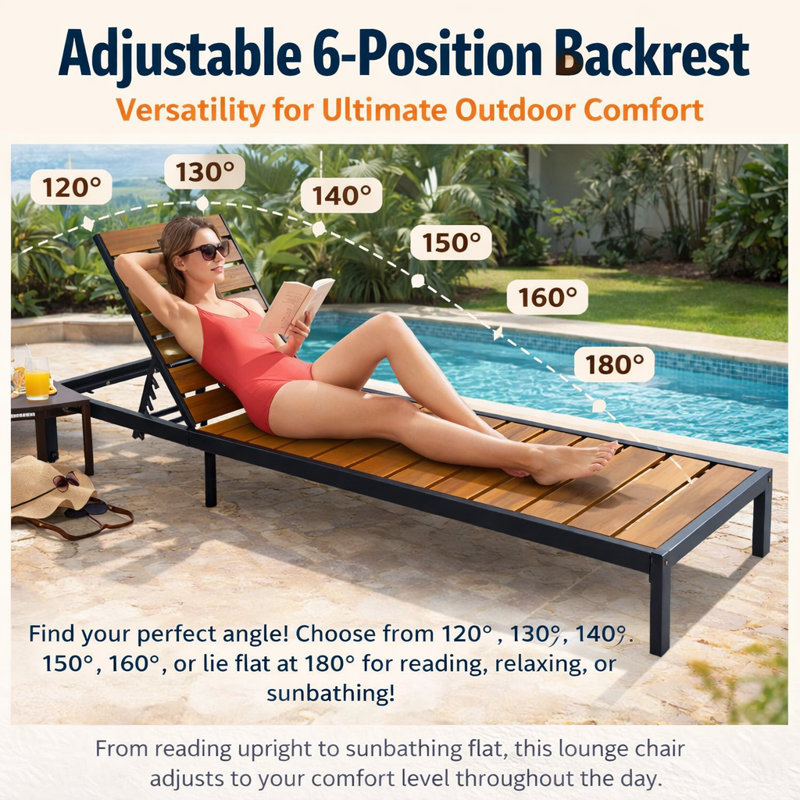 Outdoor Chaise With 6-Gear Adjustable Backrest, Black/Natural