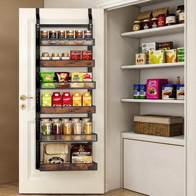 Black 6-Tier Wood and Acrylic Over the Door Pantry Organizer, 180 lbs Heavy Duty Hanging Spice Rack & Wall Mounted Storage Single