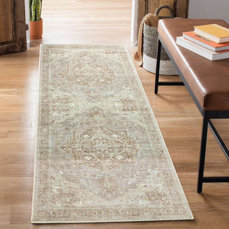 Tapis de couloir oriental lavable antidérapant 12 pi - beige / gris, Tapis de couloir 2 pi 6 po x 12 pi