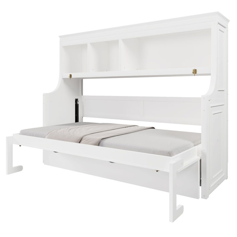 Lit escamotable simple avec bureau et tablettes de rangement - Lit mural peu encombrant pour petites pièces et bureau personnel, blanc