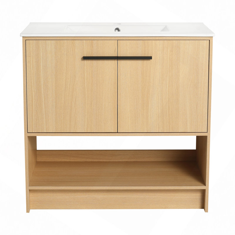 Meuble-lavabo de salle de bain avec lavabo en céramique, 2 portes à fermeture douce, meuble-lavabo autoportant, contreplaqué