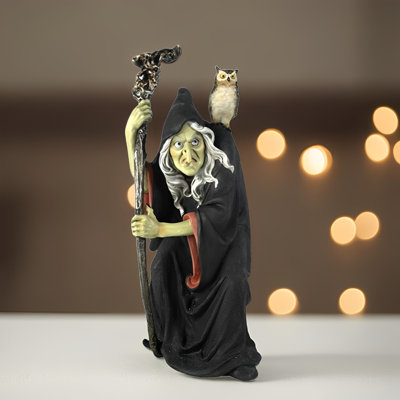 12.5"H Witch with Cane & Owl Figurine