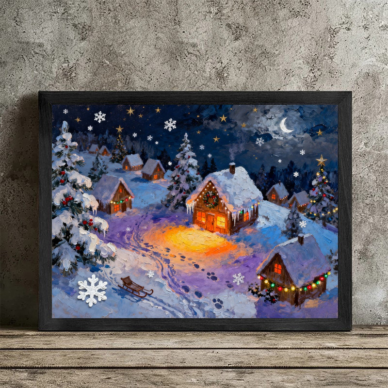 Impression sur toile encadrée noire, village de Noël impressionniste, nuit d'hiver enneigée, H 37 po x l 25 po