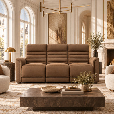 Canapé inclinable électrique Omaha Premium en cuir de vache pleine fleur aniline américain, garni de duvet et doté d'un appui-tête réglable
