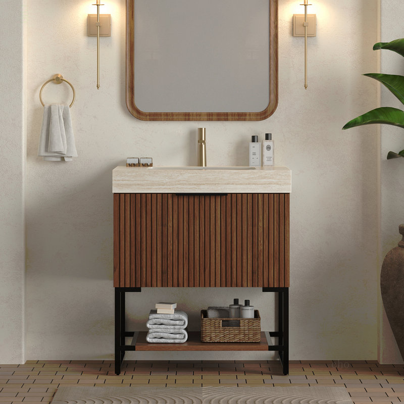 Meuble-lavabo 30 po, armoire de rangement autoportante en contreplaqué rayé avec tiroir et tablette ouverte, comptoir en pierre frittée et lavabo encastré en céramique Travertine Roma, pré-assemblé