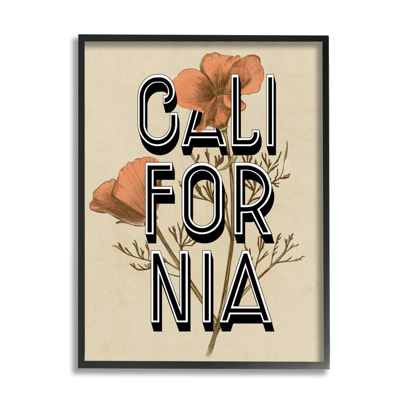 California State, typographie florale, H 14 po x l 11 po x P 1,5 po, Giclée encadrée noir minuit