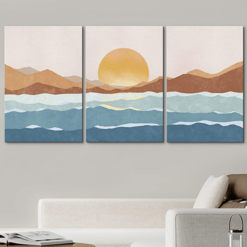 Sunlight Mountain Ocean Horizon, reproduction sur toile 3 pièces, H 24 po x l 48 po x P 1,5 po, Toile tendue