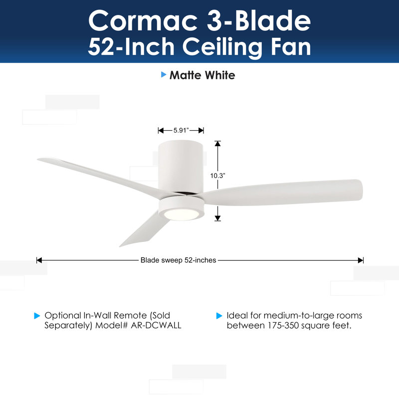 CORMAC 52 inch 3-Blade Hugger Ceiling Fan With Remote and Dimmable Light, Matte White