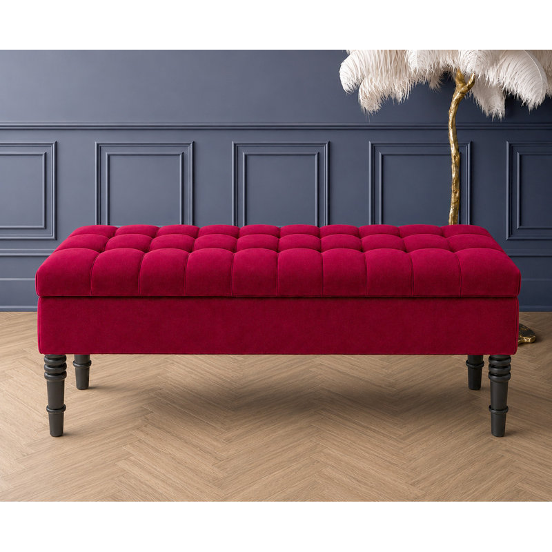 Cubed Tufted Rectangle Ottoman Storage Bench, Upholstered Plush Velvet Shoe Bench with Black Turned Wooden Legs, Red Plush 