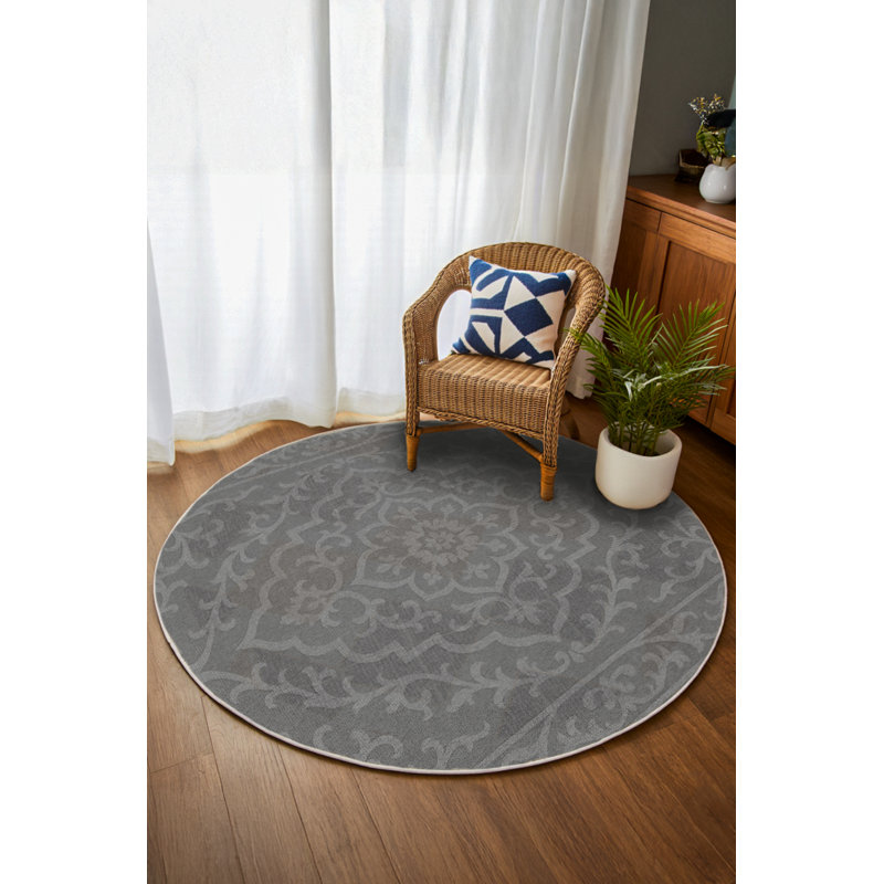 Anatolia Collection Digital Print Cotton-Polyester Gray Oriental Rug, Round 3'4"