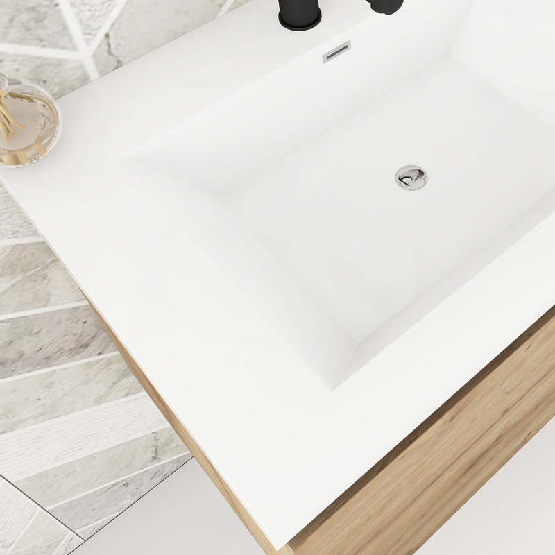 Free Standing Single Bathroom Vanity with Resin Top, Light Oak