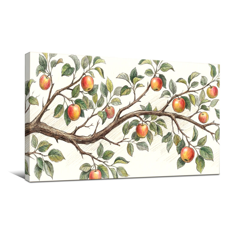 Plantes et fleurs, branche de pommier avec feuilles et fruits, H 16 po x l 32 po