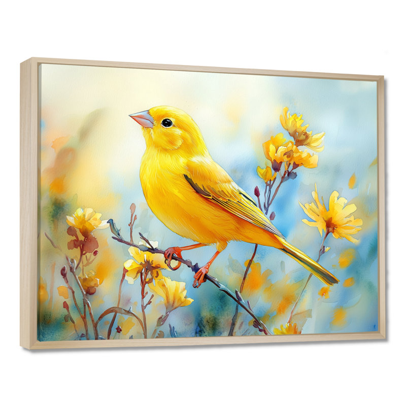 Oiseau pinson sur une tige de fleur sauvage III - oiseau, art mural, Floater Framed, H 24 po x l 32 po, Natural