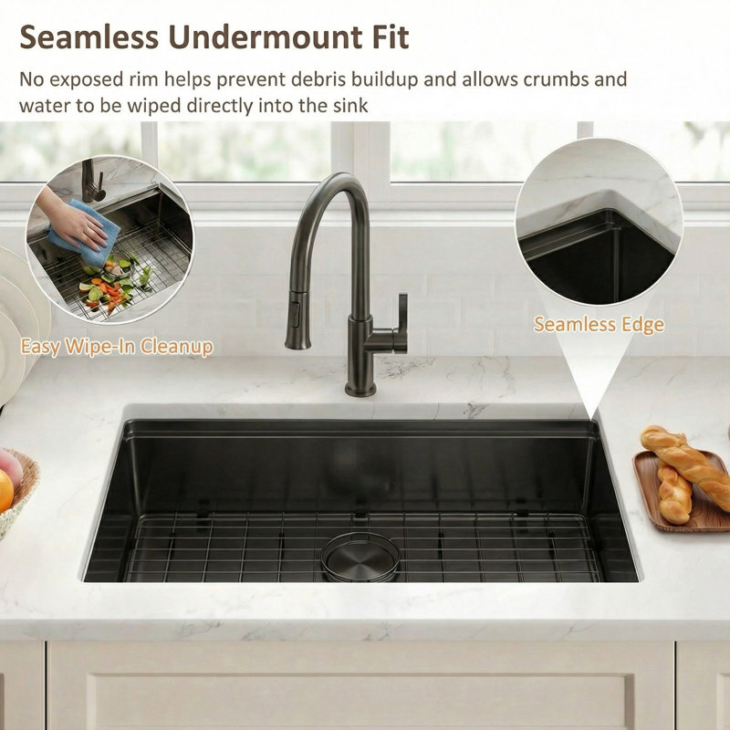 Évier de cuisine 32 "encastrable 32 pouces, avec cuve simple en acier inoxydable noir avec accessoires