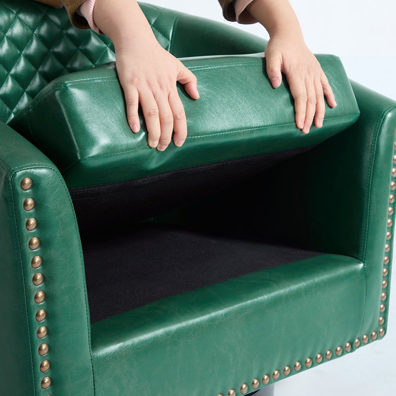 75.2Cm Wide Tufted Swivel Barrel Chair, Green Faux Leather