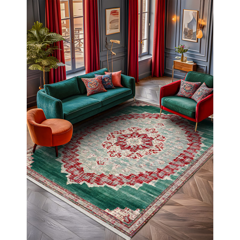 Girraj Burgundy Green Beige Oriental Machine Printed CGirrajn Polyester Area Rug, Round 4'