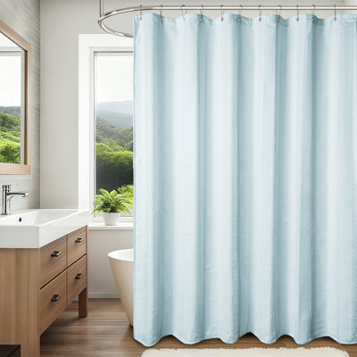 Spa Stripe Waffle-Terry Textured Shower Curtain With Hooks Included