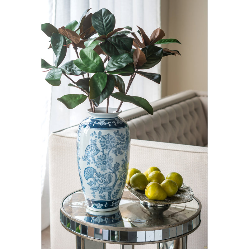 Vase en porcelaine D7.5x15 "avec motifs floraux bleus et blancs