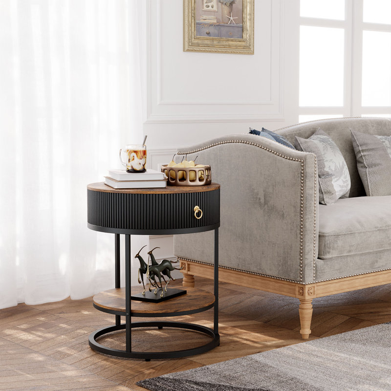 Table d'appoint ronde avec tiroir de rangement et tablette ouverte, Noir, Noir