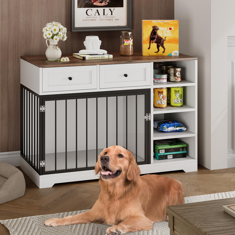 Meuble pour chien de 47 po, grande cage pour chien avec 2 tiroirs et 4 tablettes, cage pour chien robuste en bois