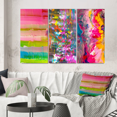 3 pièces sur toile - Des champs de couleurs revisités dans des tons de rose