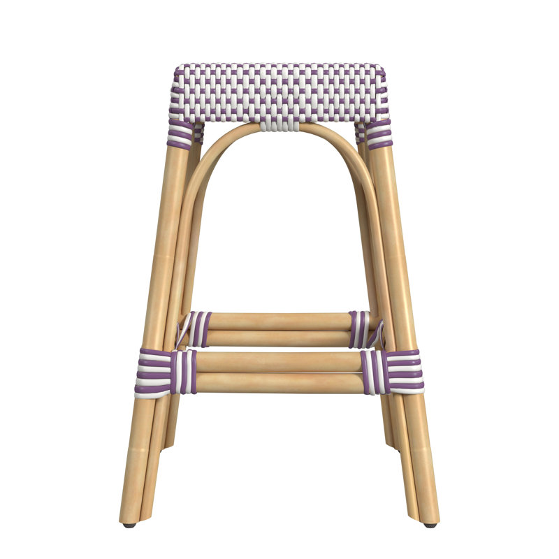 Robias Rattan Bar & Counter Stool, White/Purple Dot/ Natural Rattan Frame, Counter Stool (24.5" Seat Height)