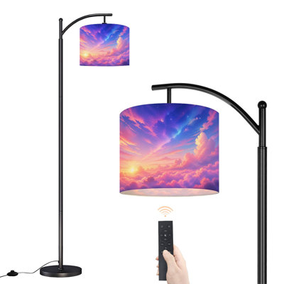 Dimmable LED Arc Standing Floor Lamp Ethereal Pastel Sky Vibrant Sunset Clouds Crescent Moon Starry, Height Adjustable Lamp Shade with Remote Controller, for Living Room Bedroom Office