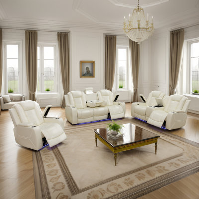 Ensemble de meubles de luxe avec canapé inclinable électrique avec lumières à DEL, meubles de salon / petits espaces / sièges de bureau / théâtres, fauteuil inclinable avec port USB / console de rangement / porte-gobelets (ensemble de 3 pièces)