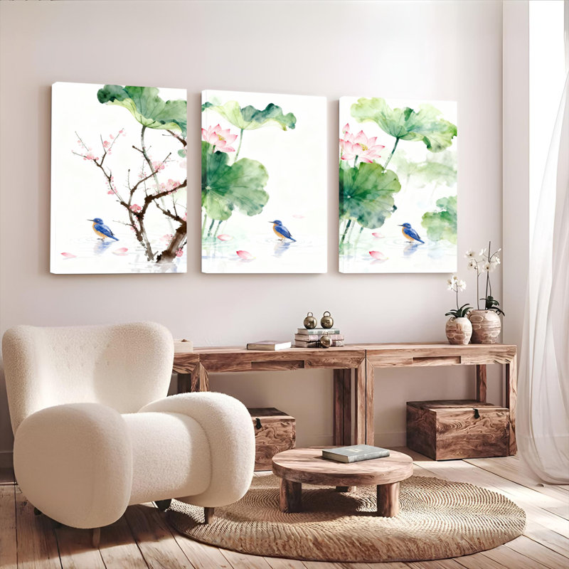 Watercolor Lotus and Cherry Blossom with Birds Canvas Wrapped Wall Art, Oriental Style Print (Set of 3), 18" H x 36" W