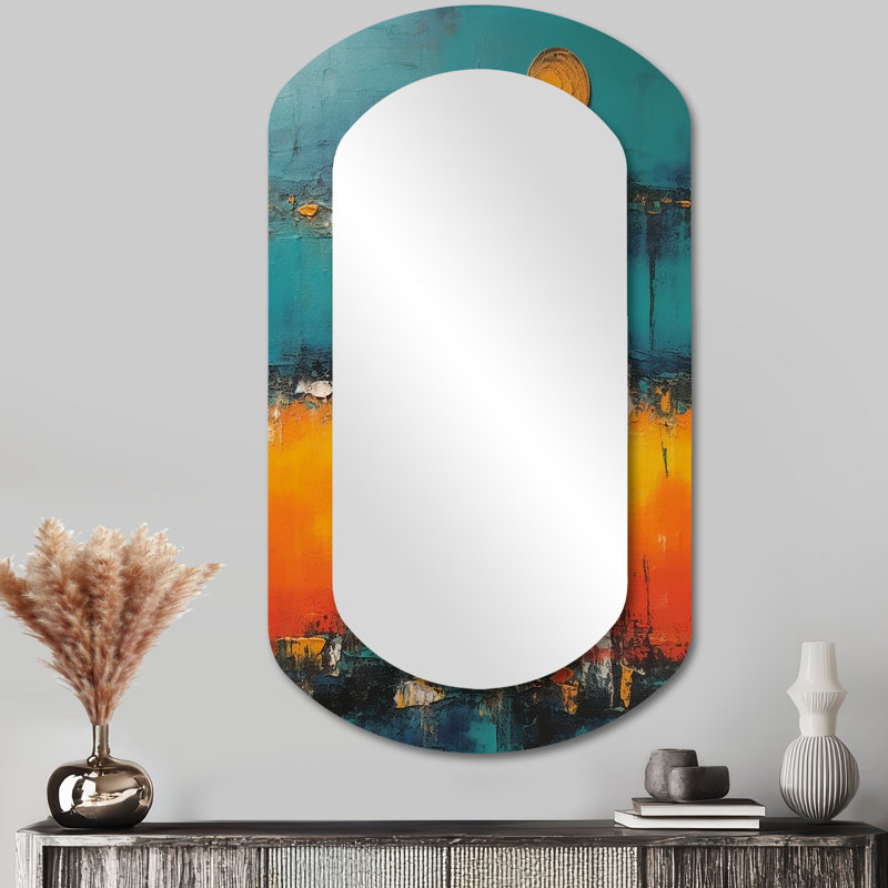 Abstrait coucher de soleil abstrait bleu et orange - Étreinte abstraite en métal - Miroir mural moderne et irrégulier