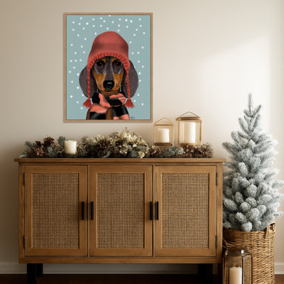 Teckel avec chapeau et écharpe laineux par Fab Funky, impression sur toile encadrée