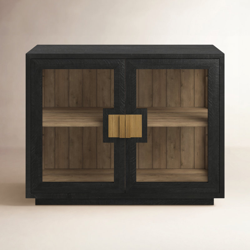 Larson Two-Door Glass Oak Wood Cabinet, Black, Gold