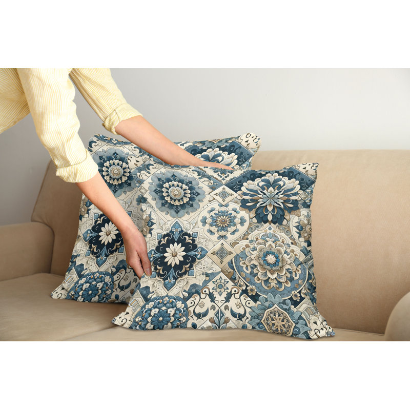 24" Off-White and Blue Microfiber Square Pillow Covers, Set of 2