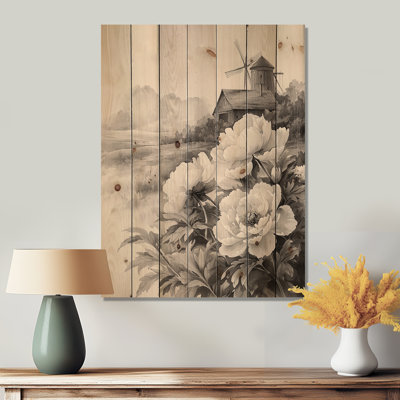 Pivoines monochromes et moulin à vent II - impression de pivoines sur bois de pin naturel