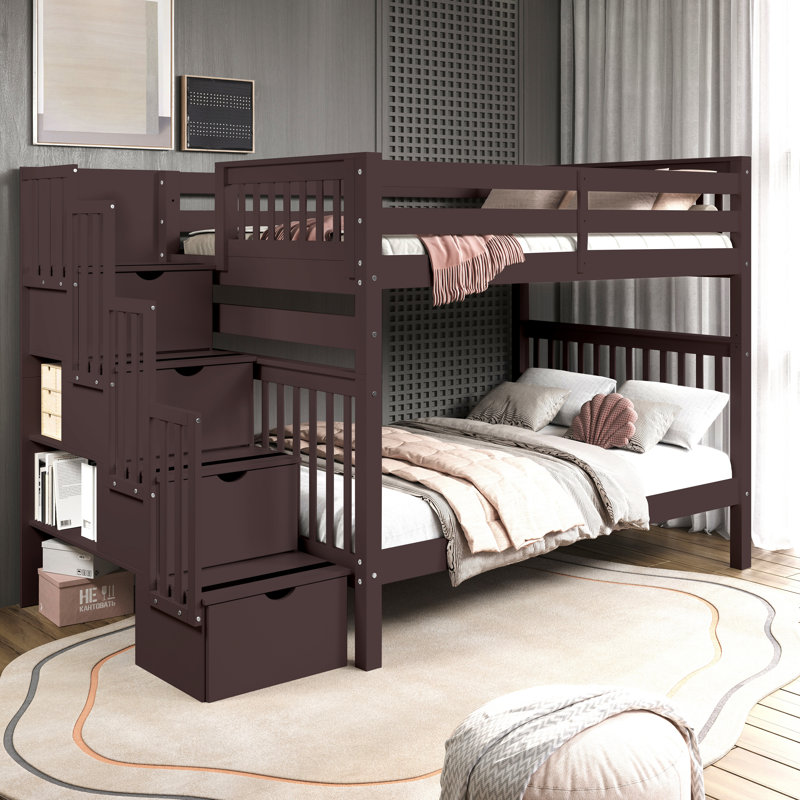 Tena Solid Wood Standard Stairway Bunk Beds Full over Full, 4 Drawers in the Steps, Dark Cherry, Dark Cherry, Full over Full