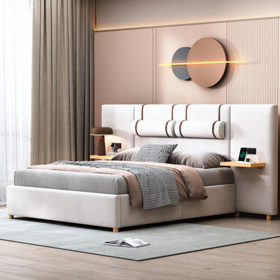 Queen Platform Bed With Beige Upholstery, & Outlet Ports, Side Storage Shelves, Stable And Size Velvet Two Outlets Ports On Each Side, Bedside Structure