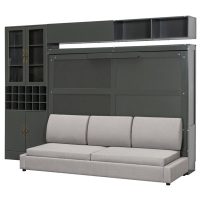 Gray Queen Size Bed With , Shelves, & , Space - Saving Solution For Tiny Spaces Easy To Operate And Flats