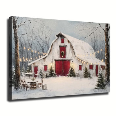 Hiver enneigé, grange blanche avec portes rouges, scène de ferme de Noël, grande reproduction d'art sur toile tendue pour salon, chambre à coucher