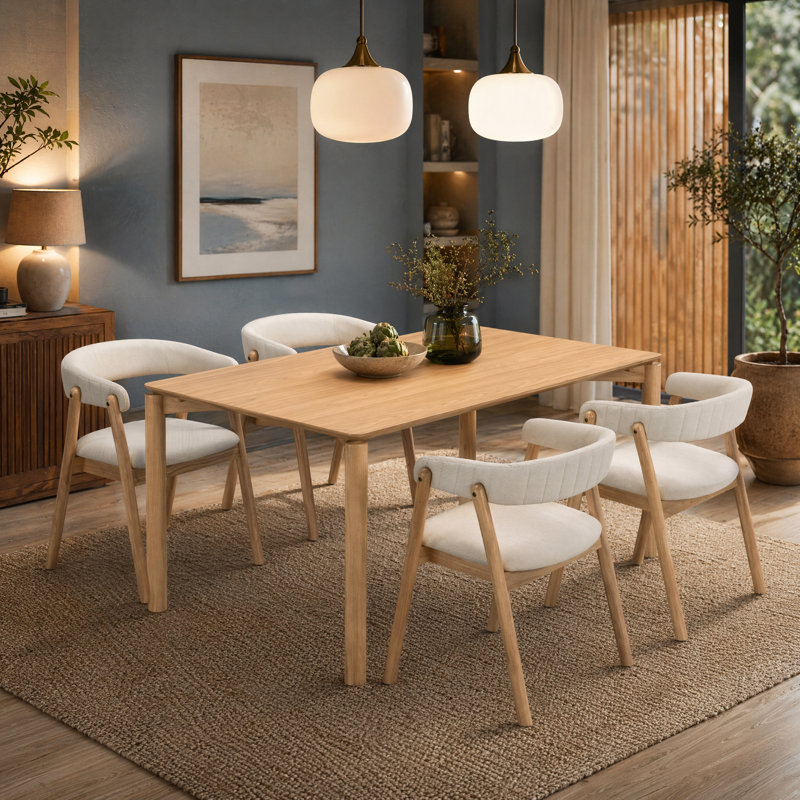 Oslo Grace 5-Piece Solid Wood Dining Set With Curved Back Upholstered Chairs, Tan