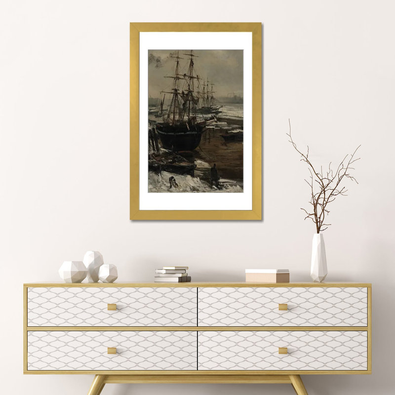 «Thames in Ice, The», reproduction d'art murale, papier d'art encadré, 24 po x 16 po, Papier encadré, Doré