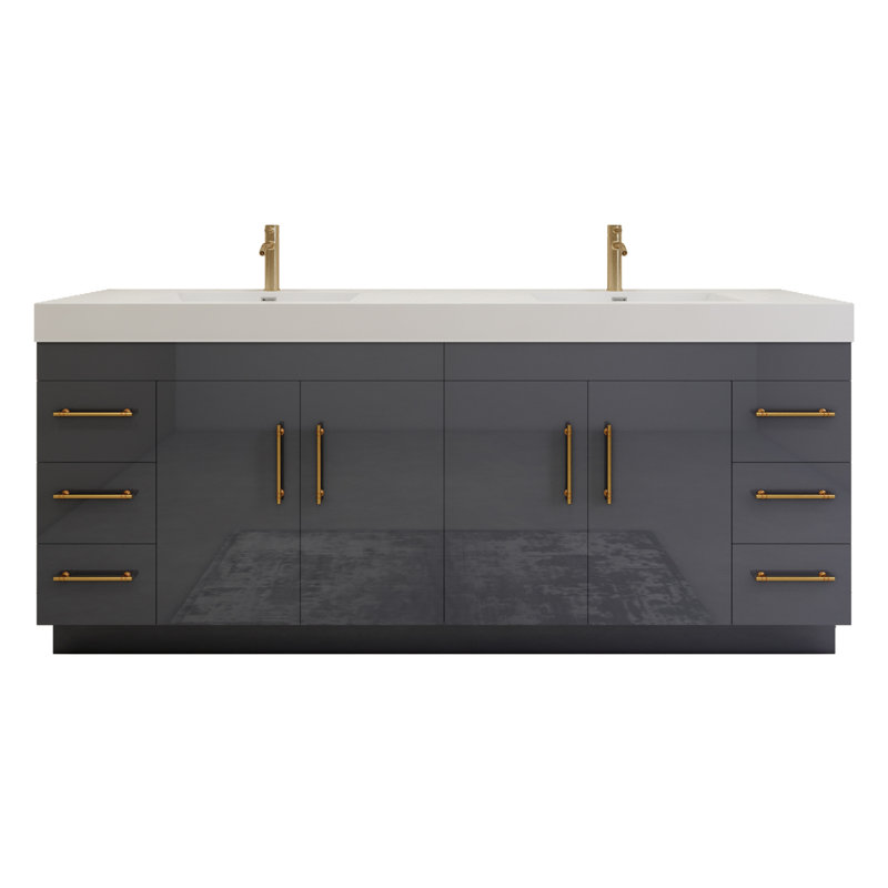 Ensemble de meuble-lavabo double 84 po avec tiroirs et portes 84 po, Gris brillant