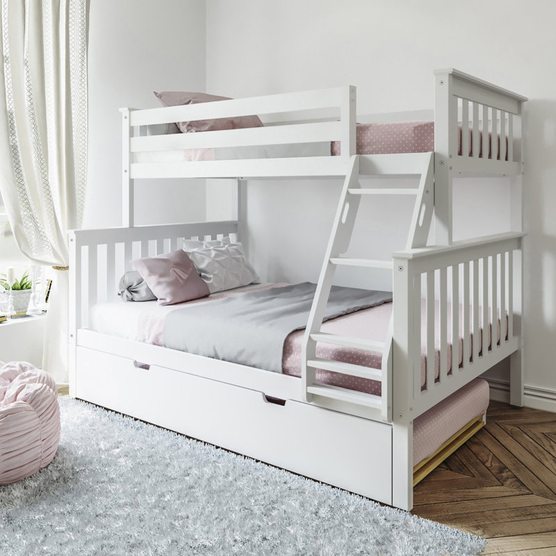 Lit superposé standard en bois massif avec lit gigogne Bolles, Double sur double, Blanc