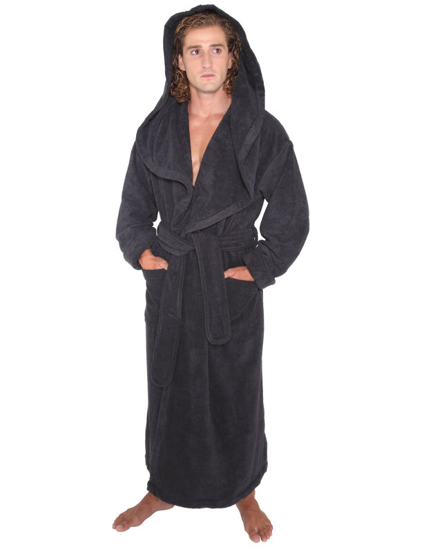 Peignoir 100% coton éponge garçon / homme + cheville avec poches et capuche, Noir, M