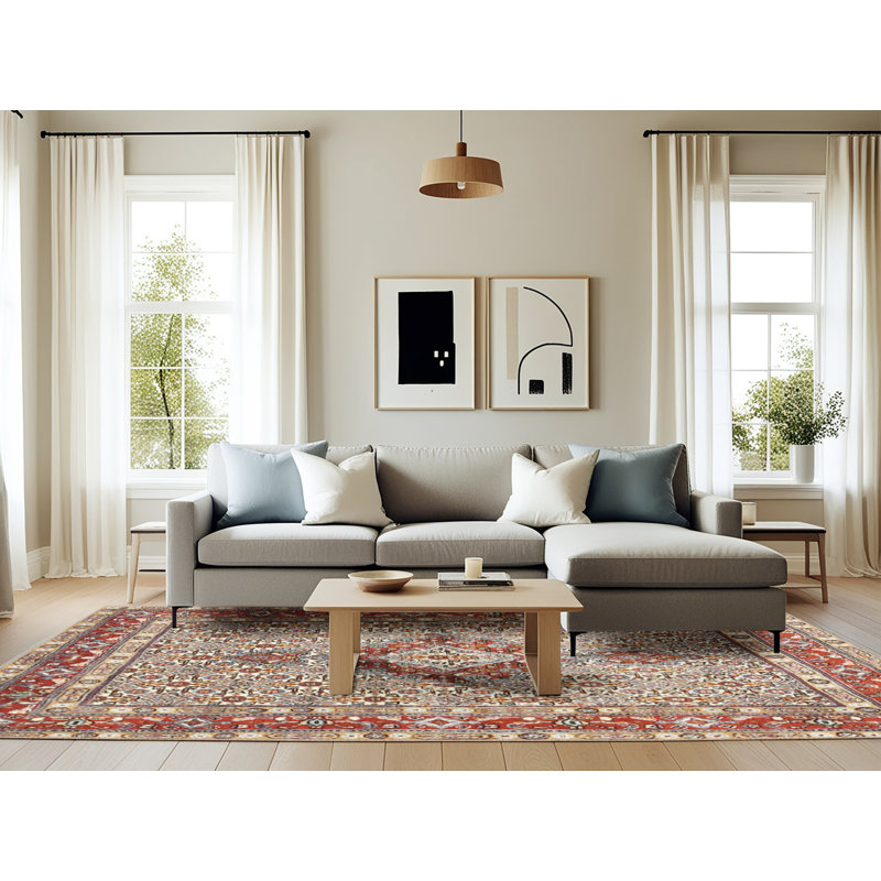 Tapis en laine beige / rouge, Rectangle 6 pi x 9 pi