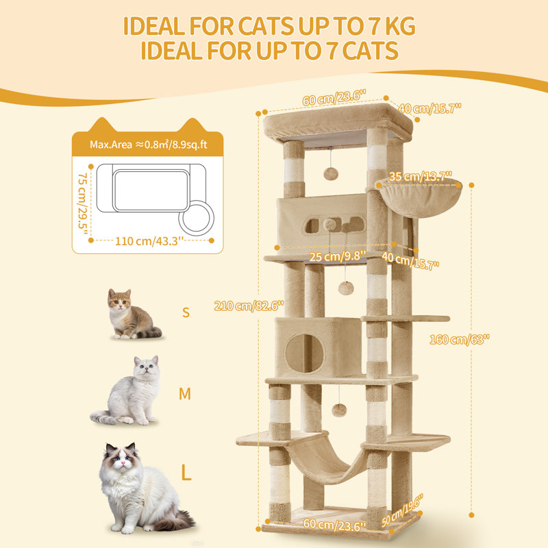 Cat Tree for Indoor Cats, Large Tall Cat Tower, Multi-Level Cats House with Condo, 8 Scratching Posts, Hammock, 4 Pom Poms